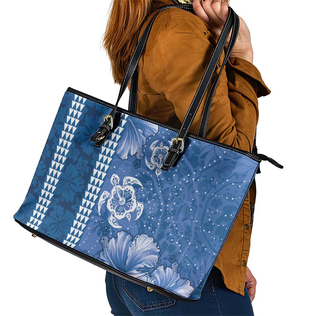 Blue Hibiscus Turle Leather Tote Bag Hawaiian Style Tribal Tapa Pattern