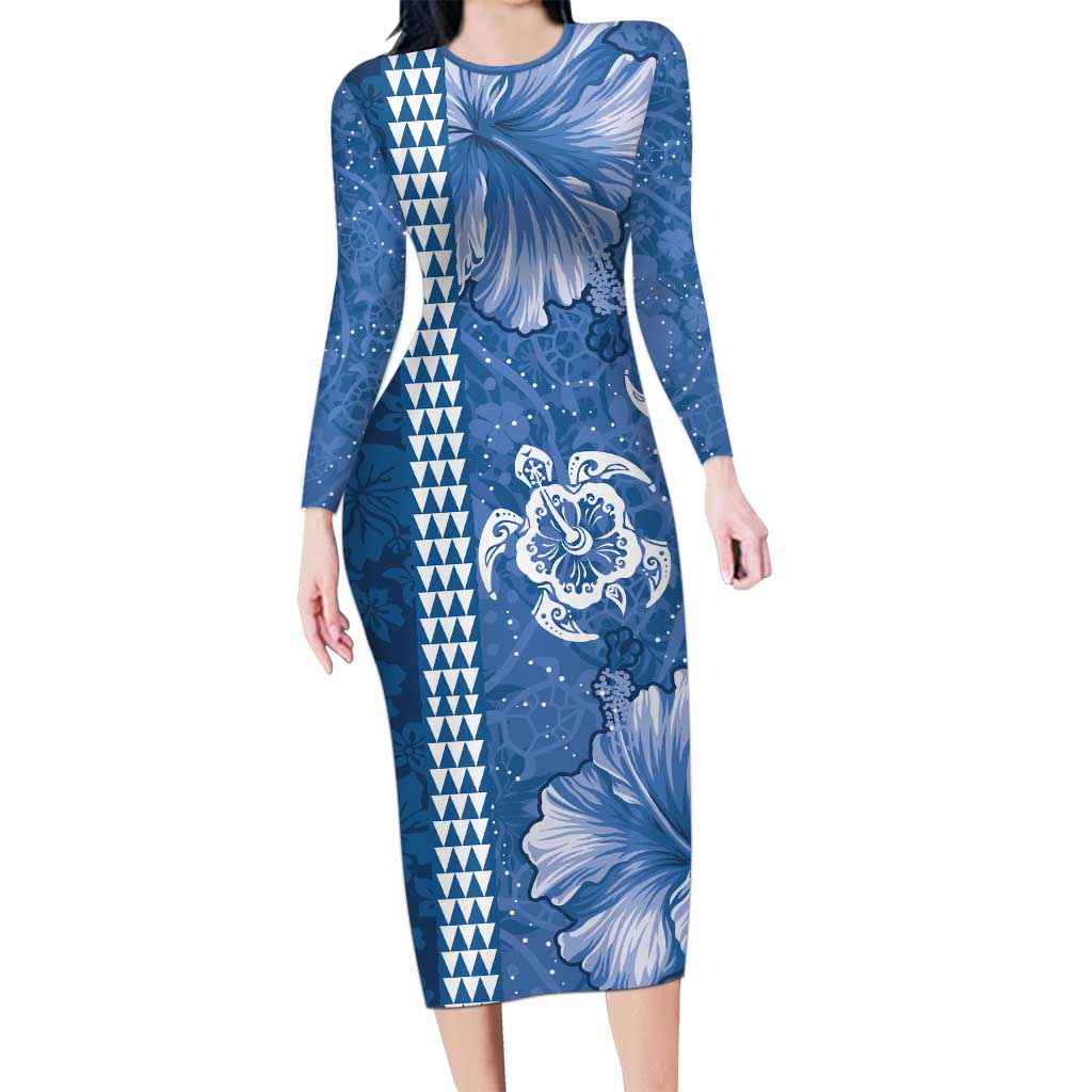 Blue Hibiscus Turle Long Sleeve Bodycon Dress Hawaiian Style Tribal Tapa Pattern