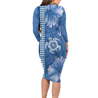 Blue Hibiscus Turle Long Sleeve Bodycon Dress Hawaiian Style Tribal Tapa Pattern