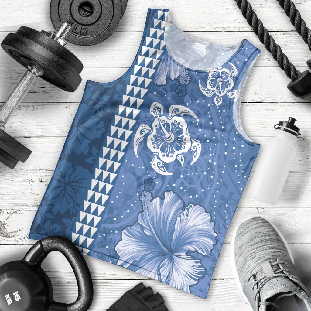 Blue Hibiscus Turle Men Tank Top Hawaiian Style Tribal Tapa Pattern