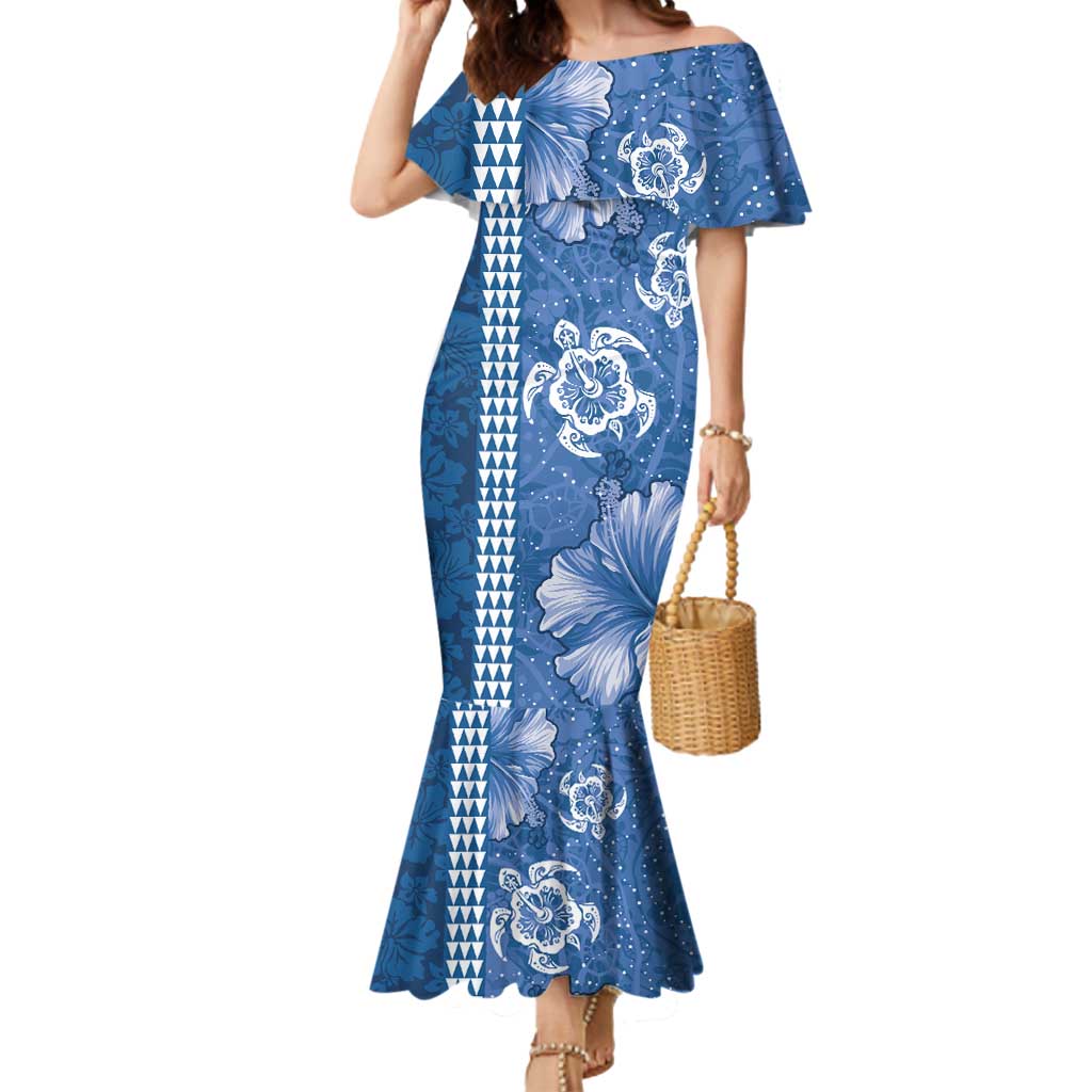 Blue Hibiscus Turle Mermaid Dress Hawaiian Style Tribal Tapa Pattern