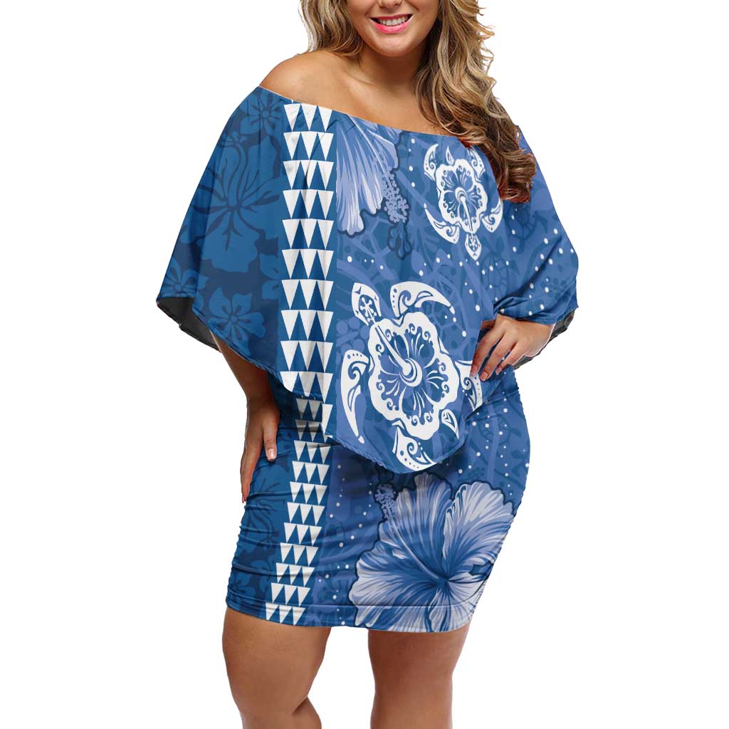 Blue Hibiscus Turle Off Shoulder Short Dress Hawaiian Style Tribal Tapa Pattern