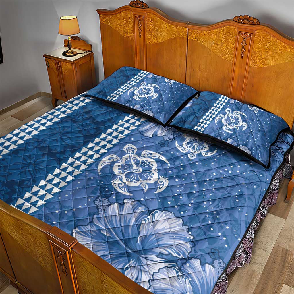 Blue Hibiscus Turle Quilt Bed Set Hawaiian Style Tribal Tapa Pattern
