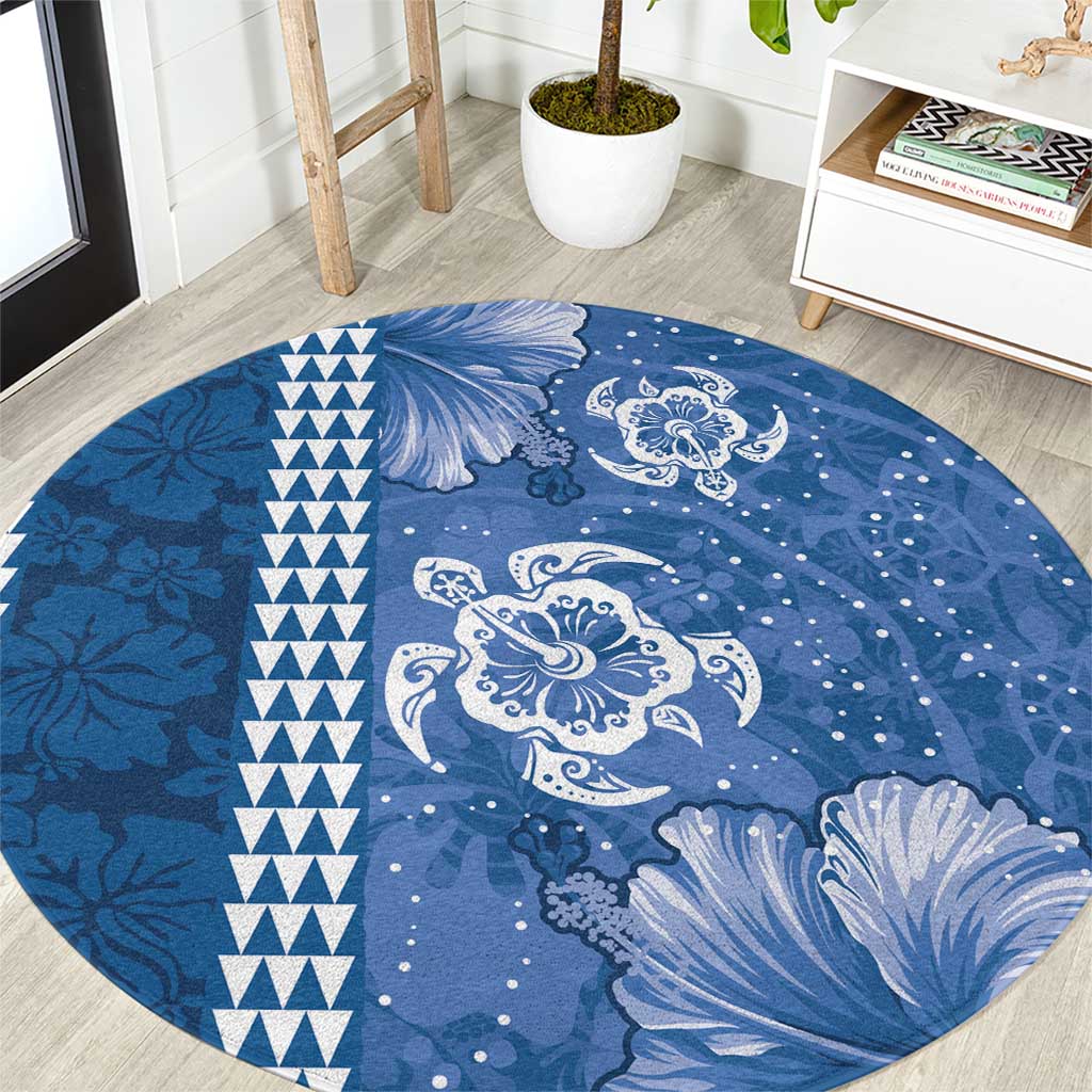 Blue Hibiscus Turle Round Carpet Hawaiian Style Tribal Tapa Pattern LT9 Blue - Polynesian Pride