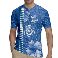 Blue Hibiscus Turle Rugby Jersey Hawaiian Style Tribal Tapa Pattern