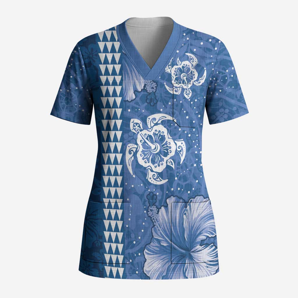 Blue Hibiscus Turle Scrub Top Hawaiian Style Tribal Tapa Pattern - Polynesian Pride