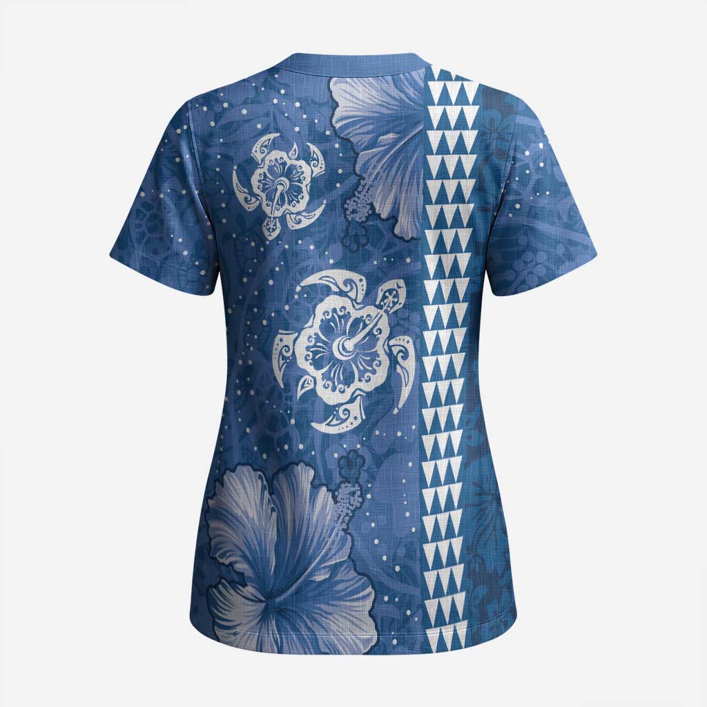 Blue Hibiscus Turle Scrub Top Hawaiian Style Tribal Tapa Pattern - Polynesian Pride