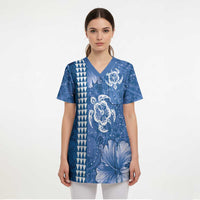 Blue Hibiscus Turle Scrub Top Hawaiian Style Tribal Tapa Pattern - Polynesian Pride