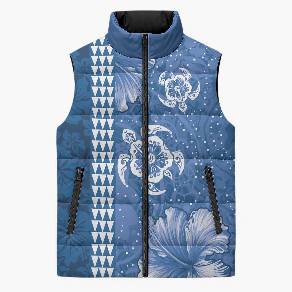 Blue Hibiscus Turle Sleeveless Puffer Jacket Hawaiian Style Tribal Tapa Pattern - Polynesian Pride