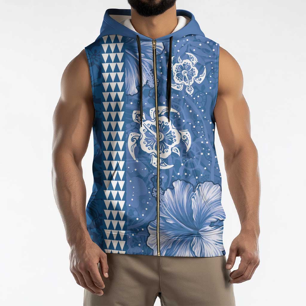 Blue Hibiscus Turle Sleeveless Zip Hoodie Hawaiian Style Tribal Tapa Pattern - Polynesian Pride