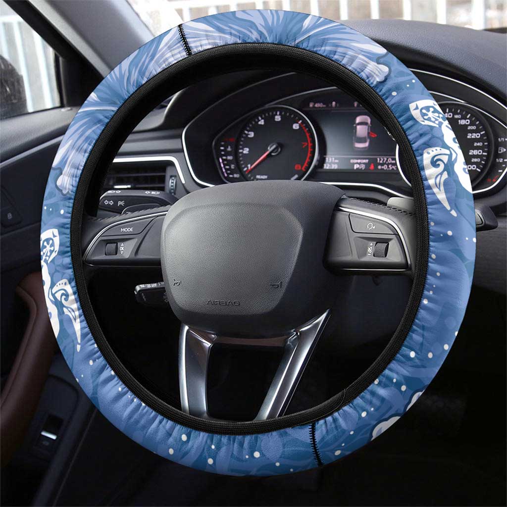 Blue Hibiscus Turle Steering Wheel Cover Hawaiian Style Tribal Tapa Pattern