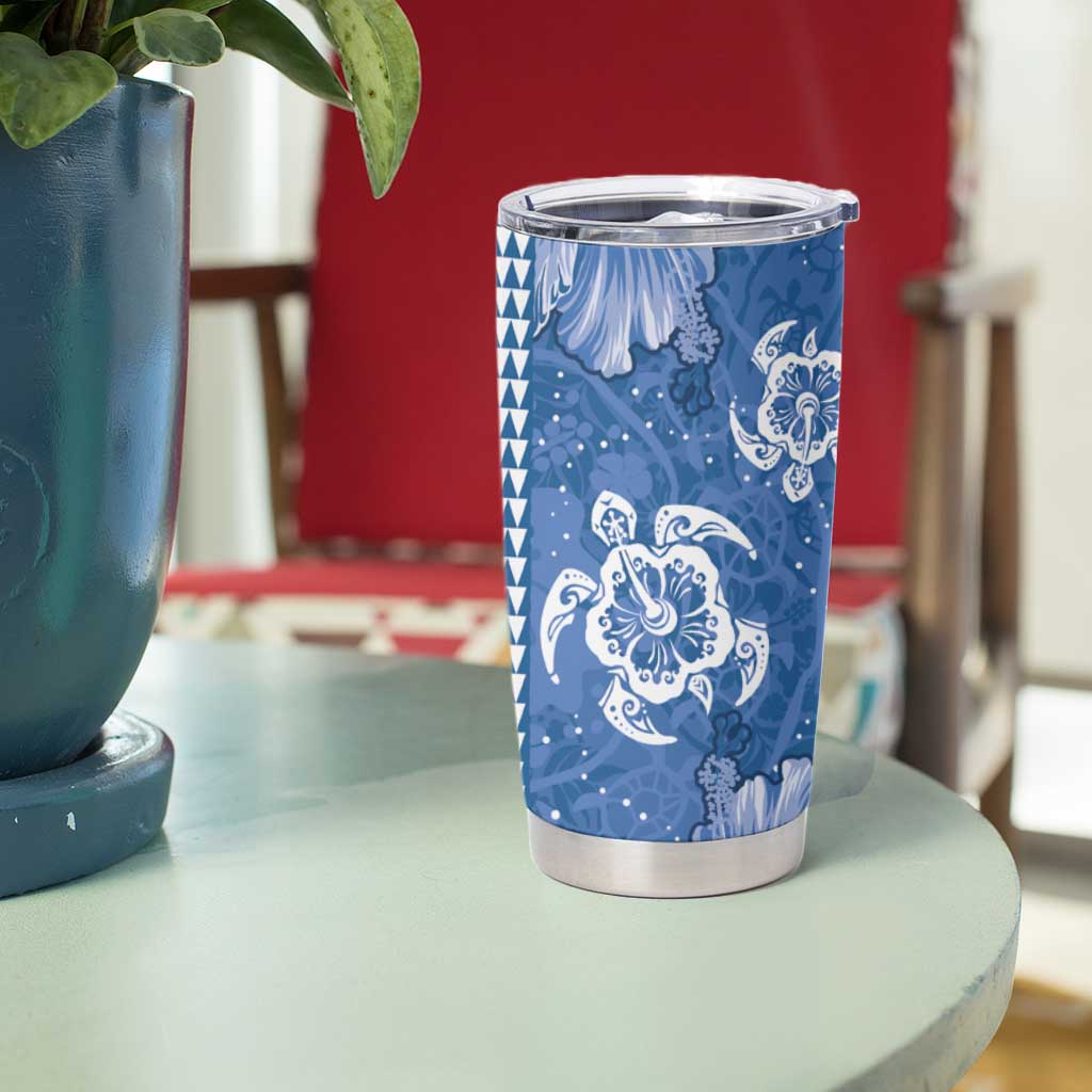 Blue Hibiscus Turle Tumbler Cup Hawaiian Style Tribal Tapa Pattern