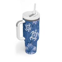 Blue Hibiscus Turle Tumbler With Handle Hawaiian Style Tribal Tapa Pattern
