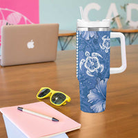 Blue Hibiscus Turle Tumbler With Handle Hawaiian Style Tribal Tapa Pattern