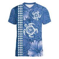 Blue Hibiscus Turle Women V-Neck T-Shirt Hawaiian Style Tribal Tapa Pattern