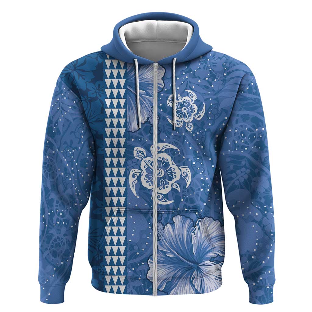 Blue Hibiscus Turle Zip Hoodie Hawaiian Style Tribal Tapa Pattern LT9 Zip Hoodie Blue - Polynesian Pride