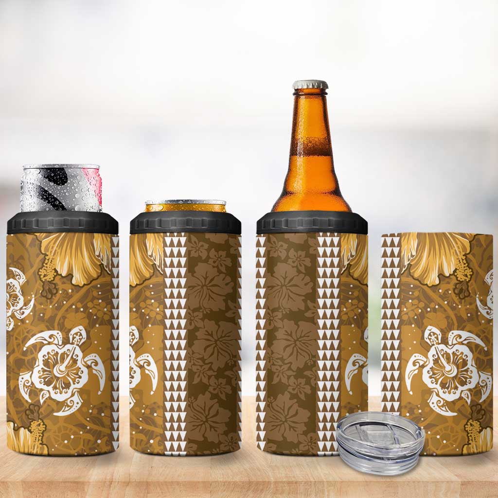 Gold Hibiscus Turle 4 in 1 Can Cooler Tumbler Hawaiian Style Tribal Tapa Pattern