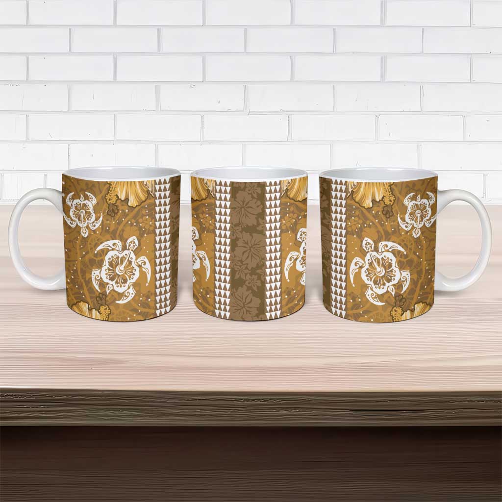 Gold Hibiscus Turle Ceramic Mug Hawaiian Style Tribal Tapa Pattern - Polynesian Pride