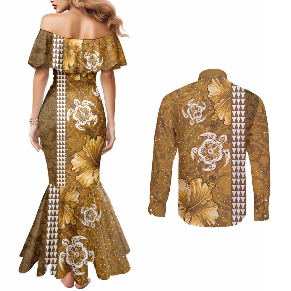 Gold Hibiscus Turle Couples Matching Mermaid Dress and Long Sleeve Button Shirt Hawaiian Style Tribal Tapa Pattern
