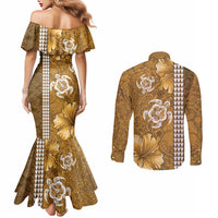 Gold Hibiscus Turle Couples Matching Mermaid Dress and Long Sleeve Button Shirt Hawaiian Style Tribal Tapa Pattern