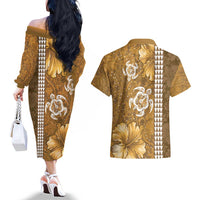 Gold Hibiscus Turle Couples Matching Off The Shoulder Long Sleeve Dress and Hawaiian Shirt Hawaiian Style Tribal Tapa Pattern