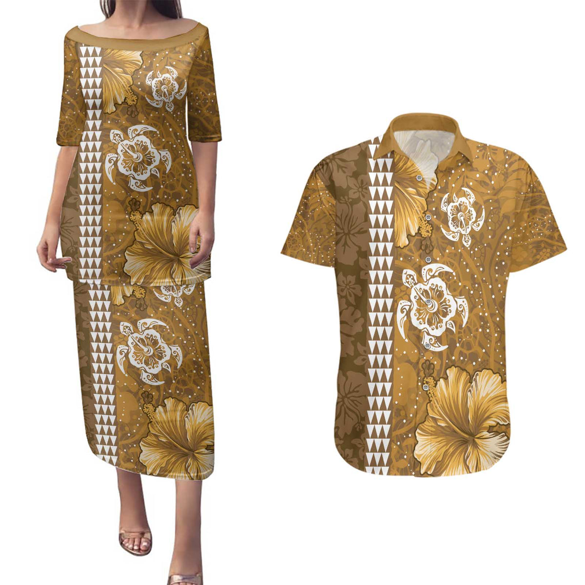Gold Hibiscus Turle Couples Matching Puletasi and Hawaiian Shirt Hawaiian Style Tribal Tapa Pattern