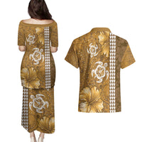 Gold Hibiscus Turle Couples Matching Puletasi and Hawaiian Shirt Hawaiian Style Tribal Tapa Pattern