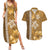 Gold Hibiscus Turle Couples Matching Summer Maxi Dress and Hawaiian Shirt Hawaiian Style Tribal Tapa Pattern