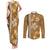 Gold Hibiscus Turle Couples Matching Tank Maxi Dress and Long Sleeve Button Shirt Hawaiian Style Tribal Tapa Pattern