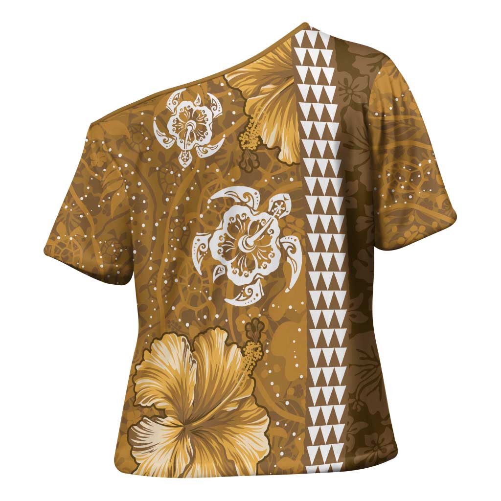 Gold Hibiscus Turle Cross Shoulder Shirt Hawaiian Style Tribal Tapa Pattern - Polynesian Pride