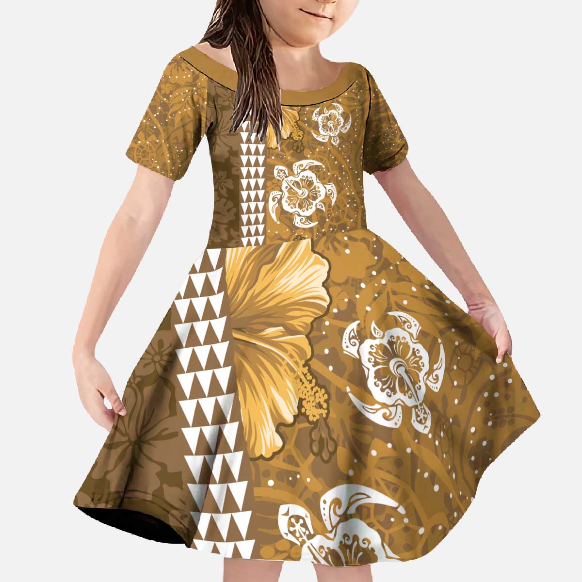Gold Hibiscus Turle Family Matching Off The Shoulder Long Sleeve Dress and Hawaiian Shirt Hawaiian Style Tribal Tapa Pattern