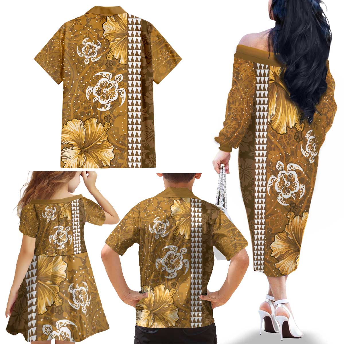 Gold Hibiscus Turle Family Matching Off The Shoulder Long Sleeve Dress and Hawaiian Shirt Hawaiian Style Tribal Tapa Pattern