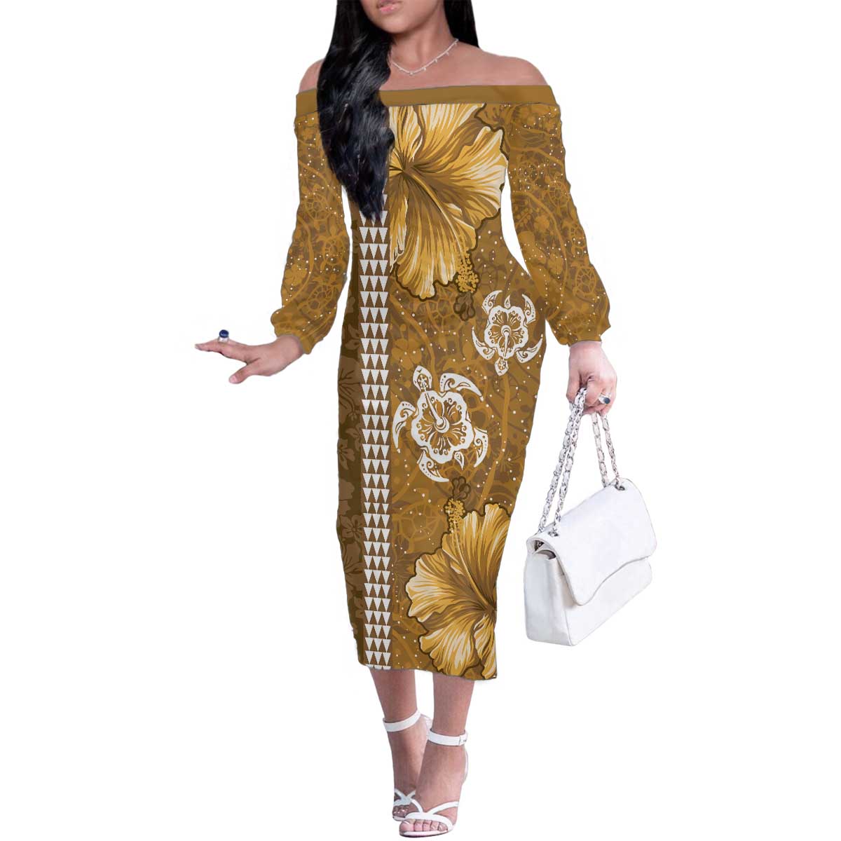 Gold Hibiscus Turle Family Matching Off The Shoulder Long Sleeve Dress and Hawaiian Shirt Hawaiian Style Tribal Tapa Pattern