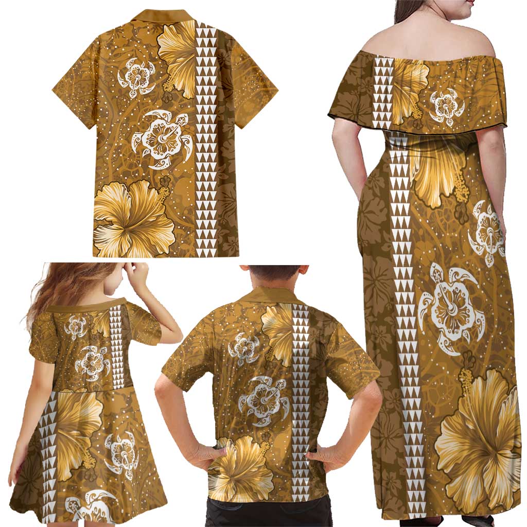 Gold Hibiscus Turle Family Matching Off Shoulder Maxi Dress and Hawaiian Shirt Hawaiian Style Tribal Tapa Pattern