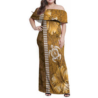 Gold Hibiscus Turle Family Matching Off Shoulder Maxi Dress and Hawaiian Shirt Hawaiian Style Tribal Tapa Pattern