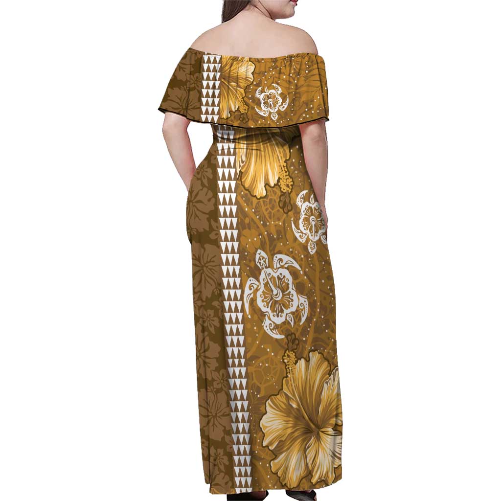 Gold Hibiscus Turle Family Matching Off Shoulder Maxi Dress and Hawaiian Shirt Hawaiian Style Tribal Tapa Pattern