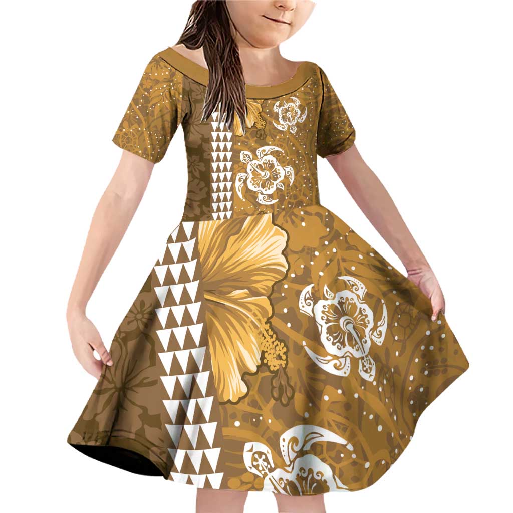Gold Hibiscus Turle Family Matching Off Shoulder Short Dress and Hawaiian Shirt Hawaiian Style Tribal Tapa Pattern