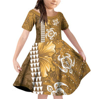 Gold Hibiscus Turle Family Matching Off Shoulder Short Dress and Hawaiian Shirt Hawaiian Style Tribal Tapa Pattern