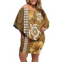 Gold Hibiscus Turle Family Matching Off Shoulder Short Dress and Hawaiian Shirt Hawaiian Style Tribal Tapa Pattern