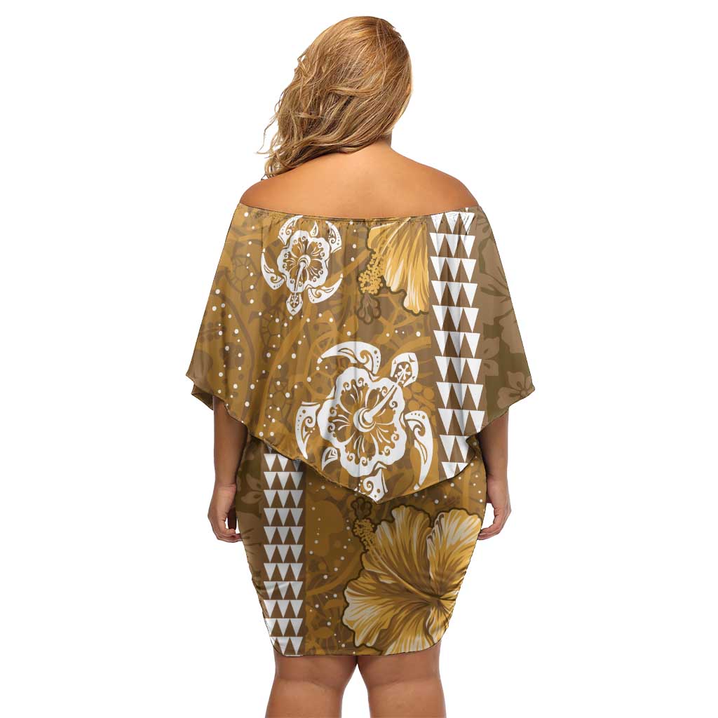 Gold Hibiscus Turle Family Matching Off Shoulder Short Dress and Hawaiian Shirt Hawaiian Style Tribal Tapa Pattern