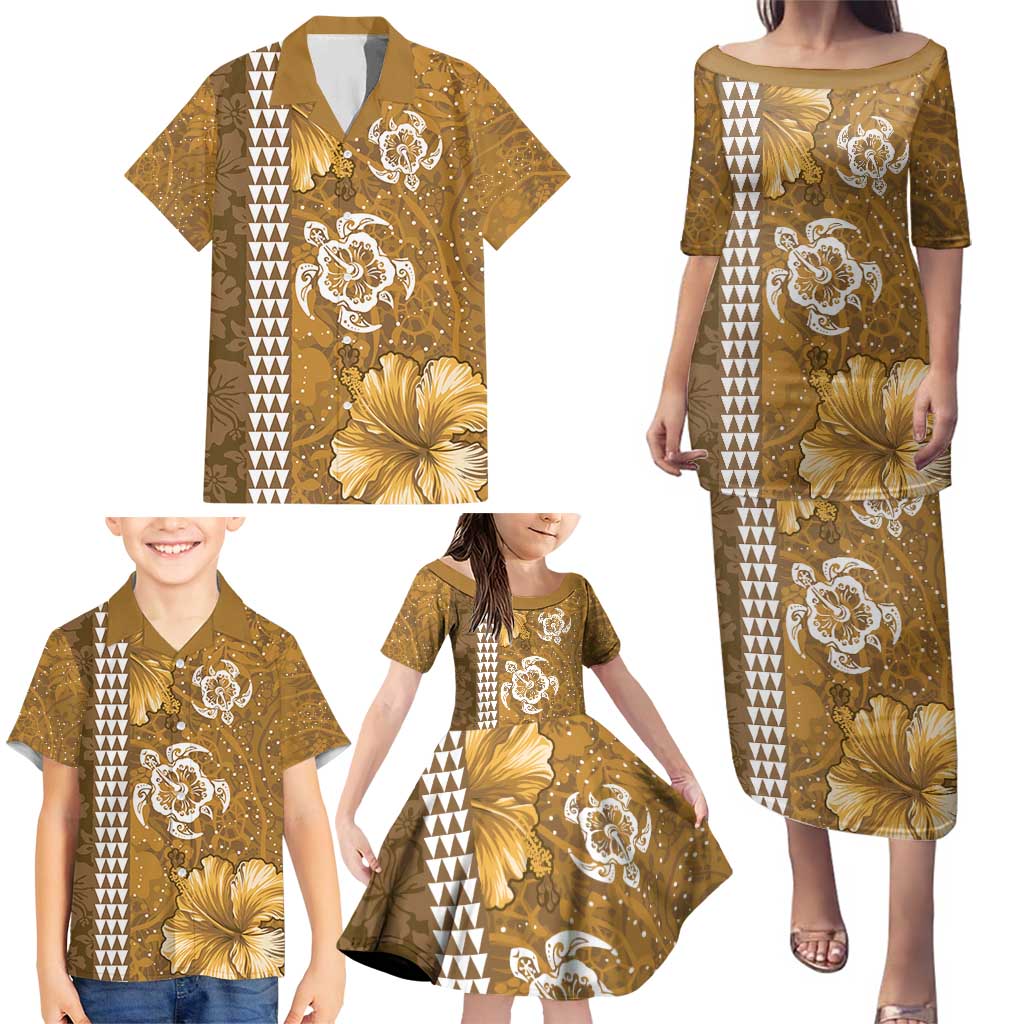 Gold Hibiscus Turle Family Matching Puletasi and Hawaiian Shirt Hawaiian Style Tribal Tapa Pattern