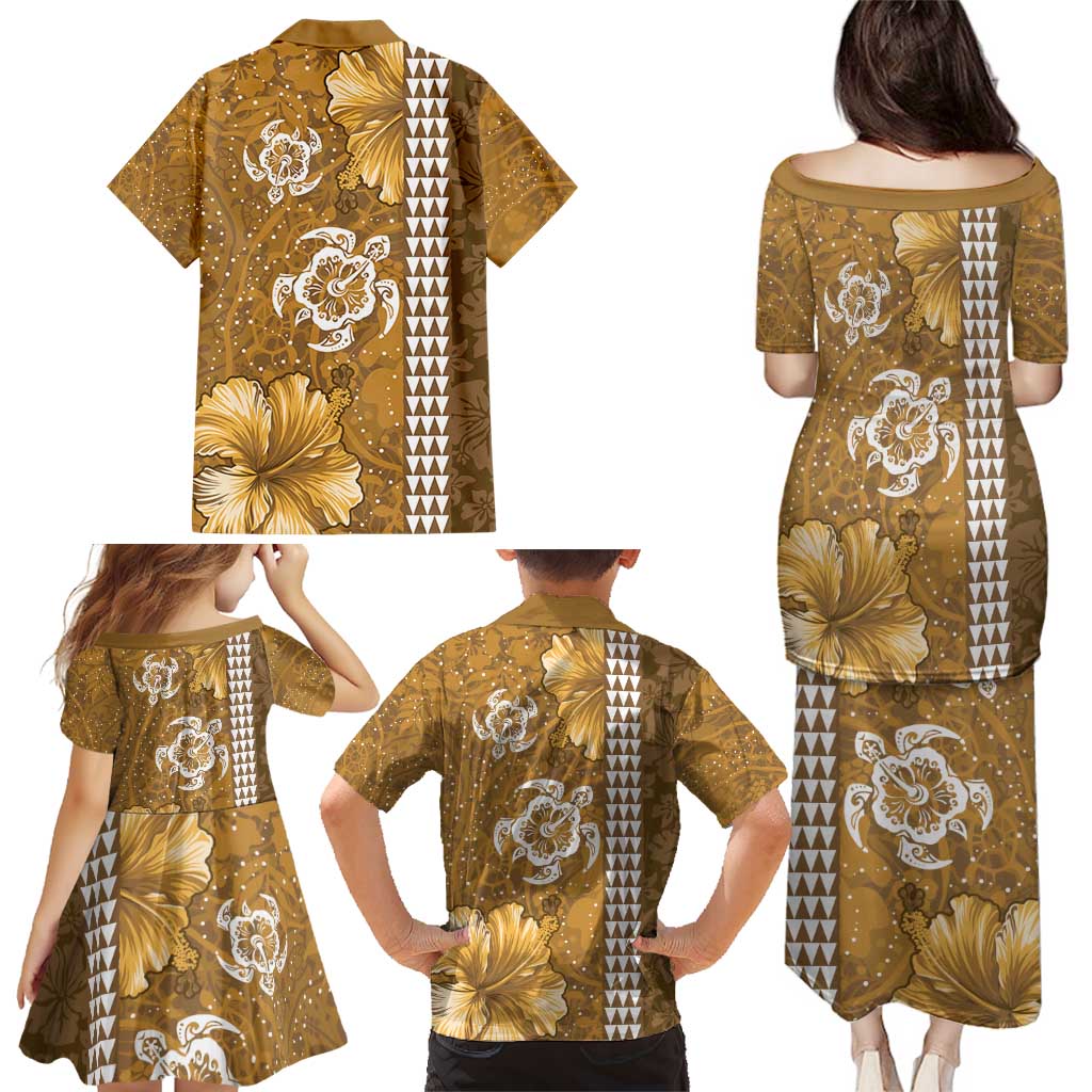 Gold Hibiscus Turle Family Matching Puletasi and Hawaiian Shirt Hawaiian Style Tribal Tapa Pattern