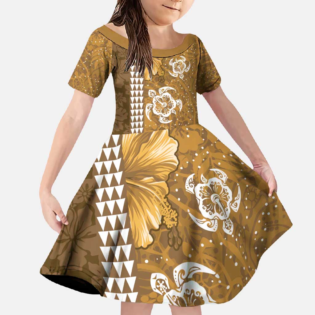Gold Hibiscus Turle Family Matching Short Sleeve Bodycon Dress and Hawaiian Shirt Hawaiian Style Tribal Tapa Pattern LT9 Daughter's Dress Gold - Polynesian Pride