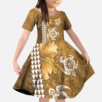 Gold Hibiscus Turle Family Matching Short Sleeve Bodycon Dress and Hawaiian Shirt Hawaiian Style Tribal Tapa Pattern LT9 Daughter's Dress Gold - Polynesian Pride