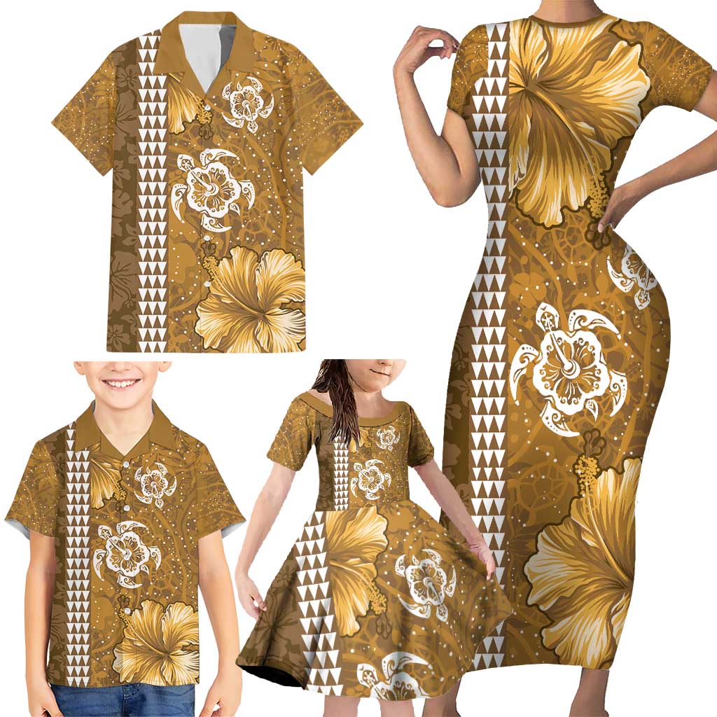 Gold Hibiscus Turle Family Matching Short Sleeve Bodycon Dress and Hawaiian Shirt Hawaiian Style Tribal Tapa Pattern