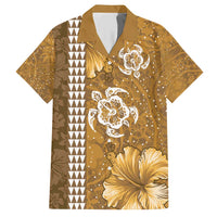 Gold Hibiscus Turle Family Matching Short Sleeve Bodycon Dress and Hawaiian Shirt Hawaiian Style Tribal Tapa Pattern LT9 Dad's Shirt - Short Sleeve Gold - Polynesian Pride