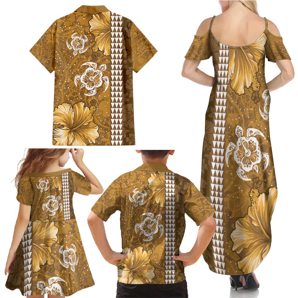 Gold Hibiscus Turle Family Matching Summer Maxi Dress and Hawaiian Shirt Hawaiian Style Tribal Tapa Pattern