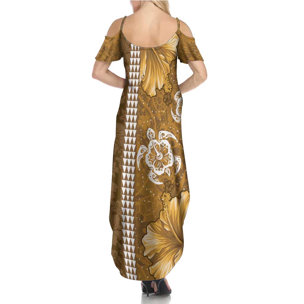 Gold Hibiscus Turle Family Matching Summer Maxi Dress and Hawaiian Shirt Hawaiian Style Tribal Tapa Pattern