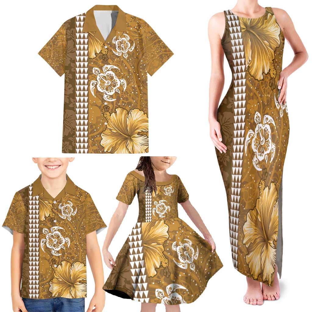 Gold Hibiscus Turle Family Matching Tank Maxi Dress and Hawaiian Shirt Hawaiian Style Tribal Tapa Pattern