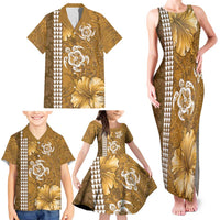 Gold Hibiscus Turle Family Matching Tank Maxi Dress and Hawaiian Shirt Hawaiian Style Tribal Tapa Pattern
